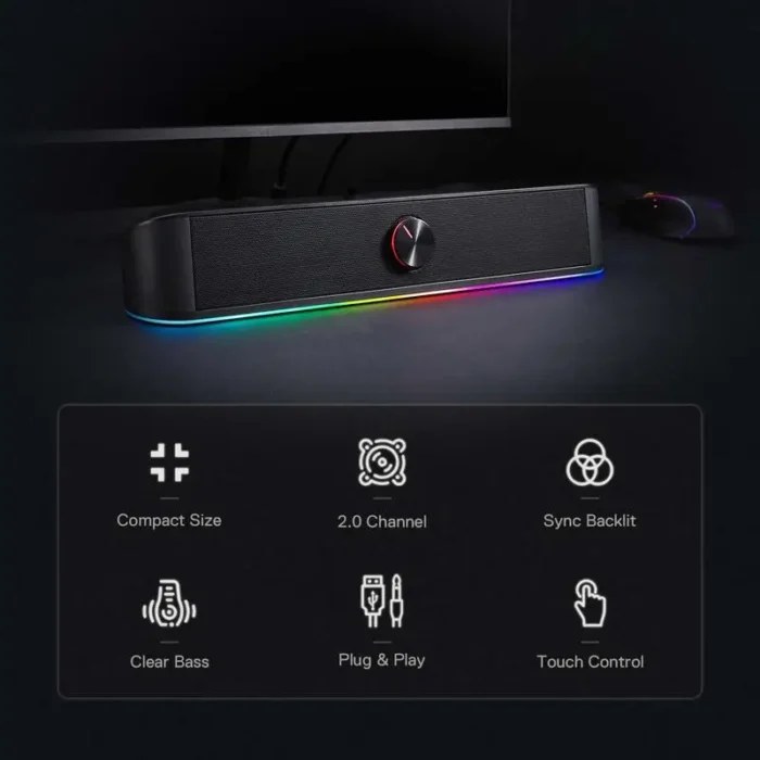 Barre de son de bureau GS560 Adiemus RGB USB, haut-parleur d'ordinateur à 2.0 canaux avec éclairage dynamique, diviseur de lumière audio et affichage 2